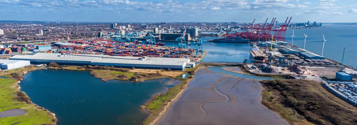 Liverpool docks in the distance
